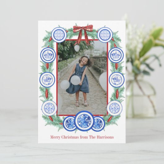 水の色の陳腐なプレートガーランドクリスマス シーズンカード (スタンド正面)