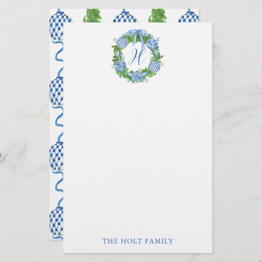 水の色の陳腐なリースモノグラムクリスマス 便箋 (正面/裏面)