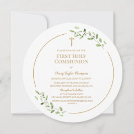 水の色の離れ金ゴールドCross First Communion 招待状