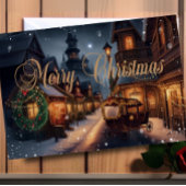 水の色の雪のクリスマスタウンホリデーフォト カード