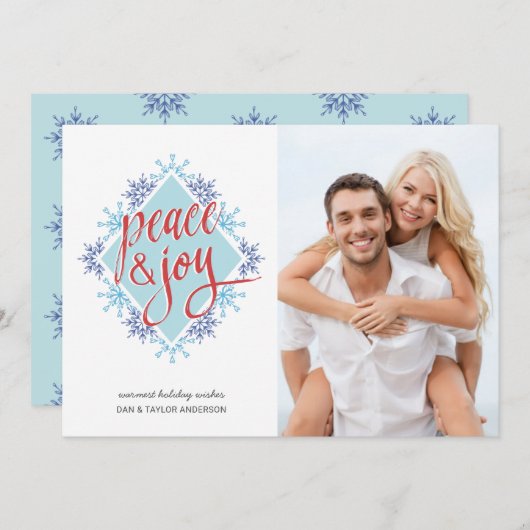 水の色の雪の上の平和と喜びの手書き シーズンカード (正面/裏面)
