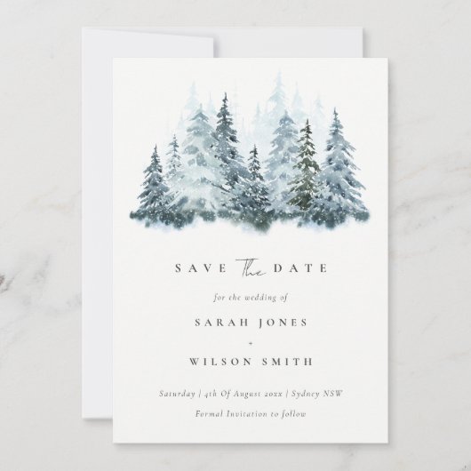 水の色の雪の冬の森の松の日付を保存 招待状 (正面)