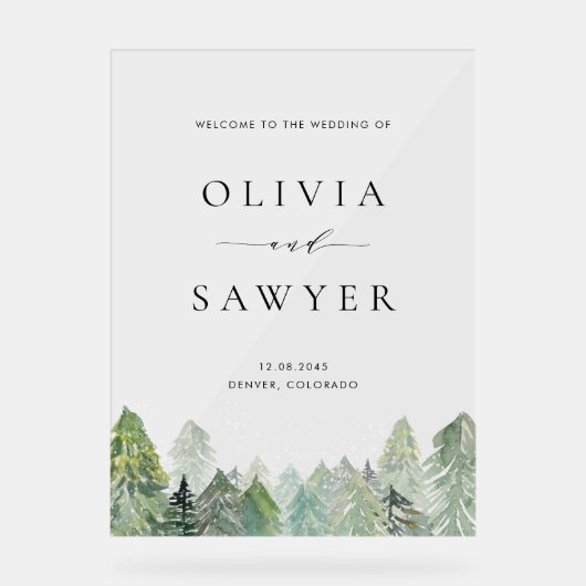 水の色の雪の常緑森林冬の結婚式 アクリルサイン (正面)