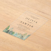 水の色の雪の常緑森林冬の結婚式 アクリル招待状 (レイダウン)