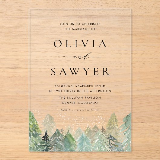 水の色の雪の常緑森林冬の結婚式 アクリル招待状 (正面)