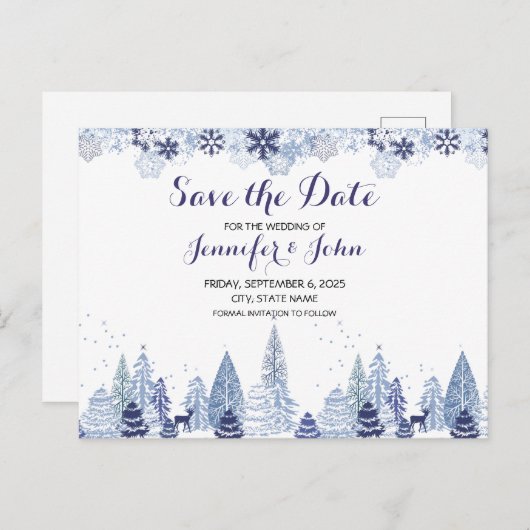 水の色の雪の結晶の冬の結婚式の日付を保存 ポストカード (正面/裏面)