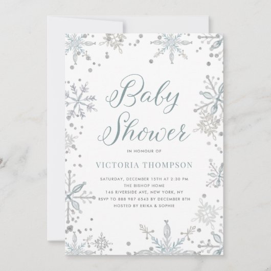 水の色の雪の結晶グリッター冬のベビーシャワー 招待状 (正面)