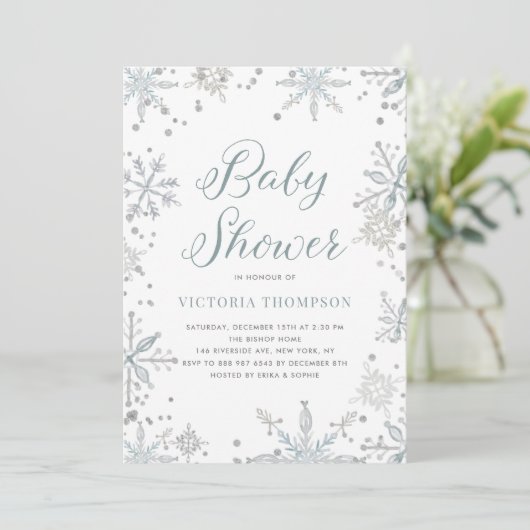 水の色の雪の結晶グリッター冬のベビーシャワー 招待状 (スタンド正面)