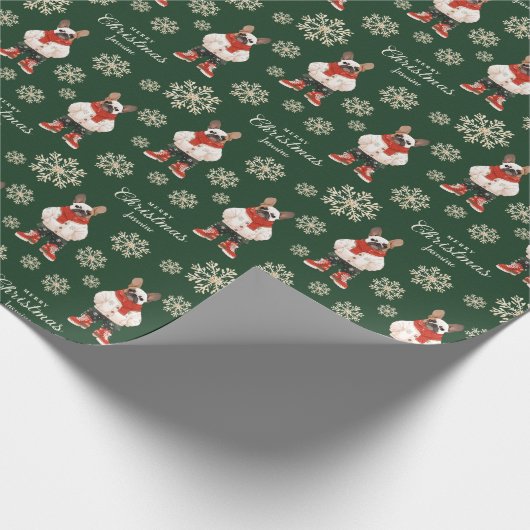 水の色の雪の結晶グリーンフランス犬のクリスマス ラッピングペーパー (角)