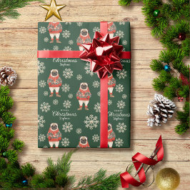 水の色の雪片グリーンパグドッグクリスマス ラッピングペーパー