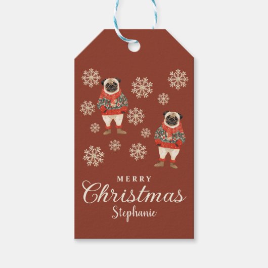 水の色の雪片テラコッタパグドッグクリスマス ギフトタグ (正面)