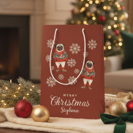 水の色の雪片テラコッタパグドッグクリスマス ミディアムペーパーバッグ