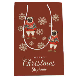 水の色の雪片テラコッタパグドッグクリスマス ミディアムペーパーバッグ