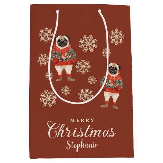 水の色の雪片テラコッタパグドッグクリスマス ミディアムペーパーバッグ (正面)