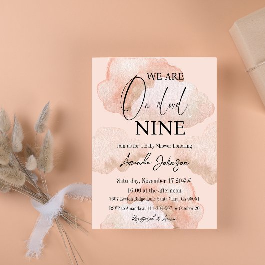 水の色の雲9スカイピンクの女の子ベビーシャワー 招待状