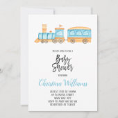 水の色の電車のおもちゃの男の子の赤ちゃんシャワーブルー 招待状 (正面)