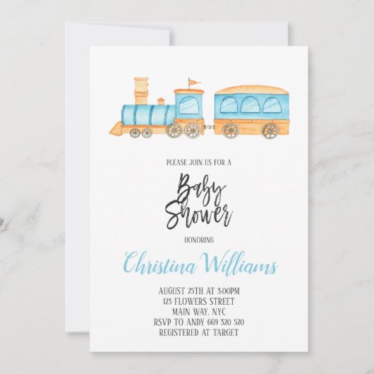 水の色の電車のおもちゃの男の子の赤ちゃんシャワーブルー 招待状 (正面)