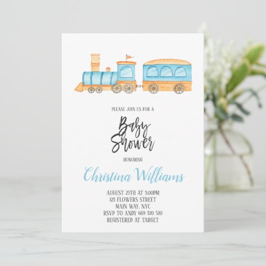 水の色の電車のおもちゃの男の子の赤ちゃんシャワーブルー 招待状 (スタンド正面)