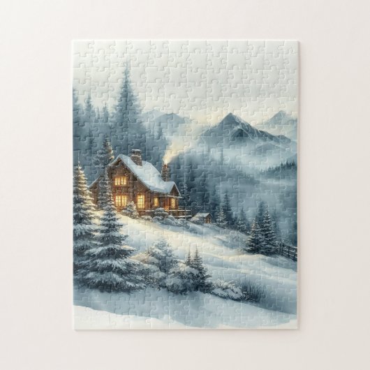 水の色の霧の山のキャビン冬の風景 ジグソーパズル (縦)
