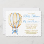 水の色の青い熱気球バルーンボーベビーシャワー 招待状 (正面)