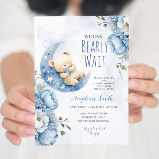 水の色の青クマ心待ち赤ちゃんシャワー 招待状