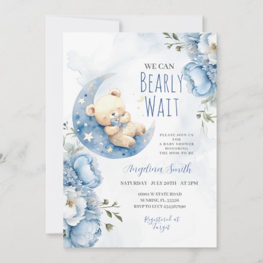 水の色の青クマ心待ち赤ちゃんシャワー 招待状 (正面)