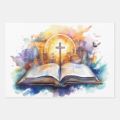 水の色の静寂：聖書と十字架 ラッピングペーパーシート (正面2)