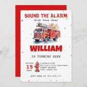 水の色の音アラームファイアーマン誕生日 招待状 (正面/裏面)