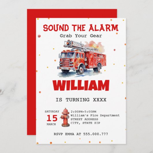 水の色の音アラームファイアーマン誕生日 招待状 (正面/裏面)