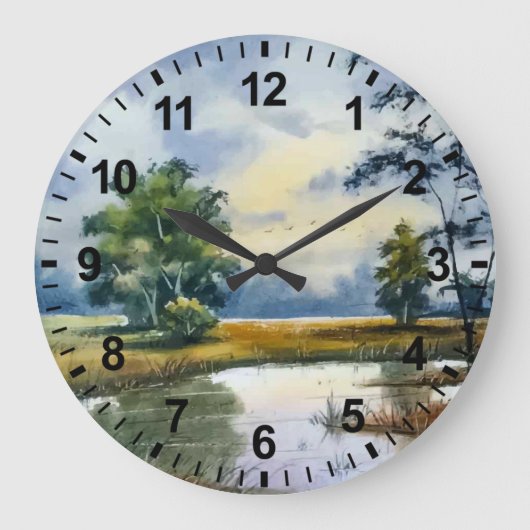 水の色の風景レイクウォールクロック ラージ壁時計 (正面)