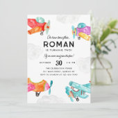 水の色の飛行機雲スカイキッド飛行機誕生日 招待状 (スタンド正面)