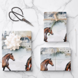 水の色の馬のポートレートとパステルバックグラウンド ラッピングペーパーシート