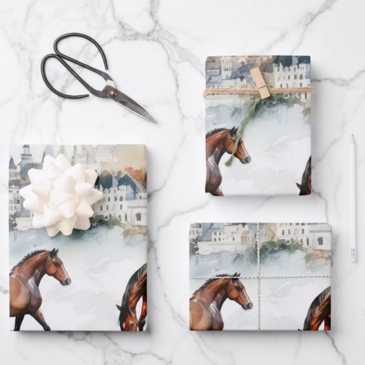 水の色の馬のポートレートとパステルバックグラウンド ラッピングペーパーシート (正面)