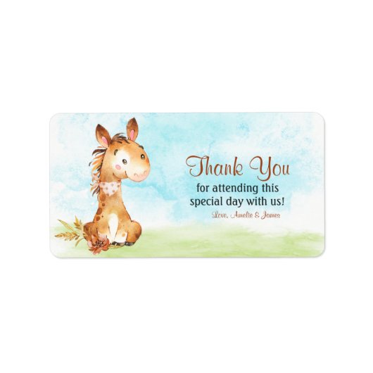 水の色の馬の赤ちゃんシャワー農場ありがとう ラベル (正面)