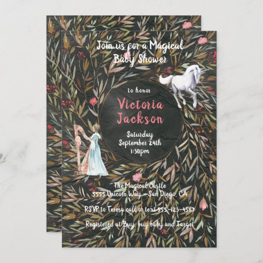水の色の魔法のおとぎ話ユニコーン赤ちゃんシャワー 招待状 (正面/裏面)