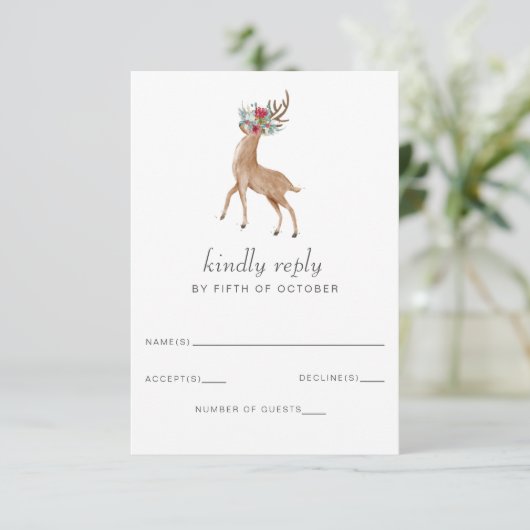 水の色の鹿のフローラアントラーパイン冬の結婚式 出欠カード (スタンド正面)
