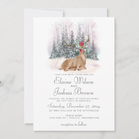 水の色の鹿のフローラアントラーパイン冬の結婚式 招待状 (正面)