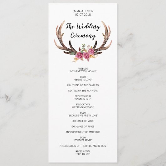 水の色の鹿の〔雄ジカの〕枝角ボヘミアンカントリーウェディング プログラム (裏面)