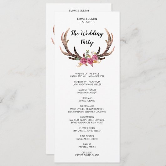 水の色の鹿の〔雄ジカの〕枝角ボヘミアンカントリーウェディング プログラム (正面/裏面)