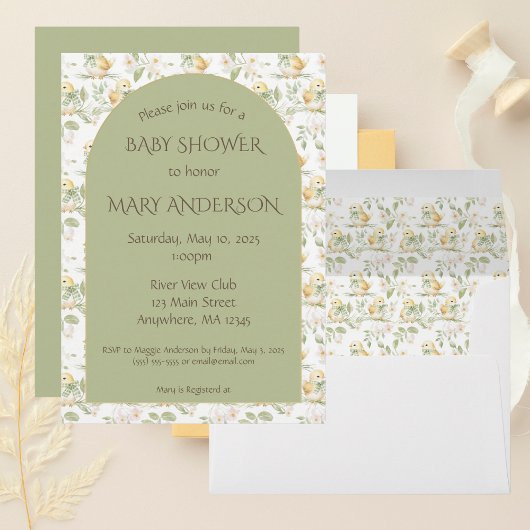 水の色の黄色のベビーチクパターン赤ちゃんシャワー 招待状