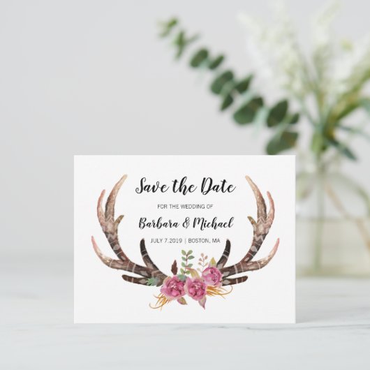 水の色の〔雄ジカの〕枝角日付の国の結婚式を保存 案内ポストカード (スタンド正面)