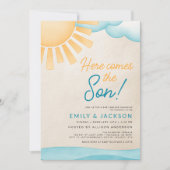 水の色はここ来の息子の男の赤ちゃんシャワー 招待状 (正面)