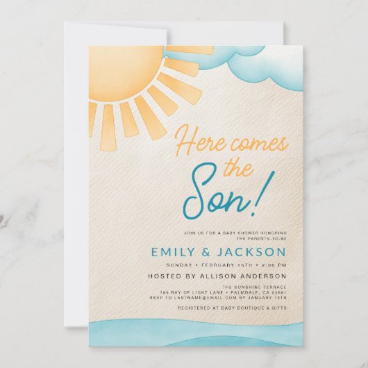 水の色はここ来の息子の男の赤ちゃんシャワー 招待状 (正面)