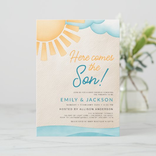 水の色はここ来の息子の男の赤ちゃんシャワー 招待状 (スタンド正面)