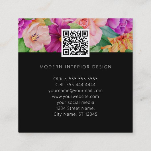 水の色はっきりしたフローラパープルピンクローズブラック スクエア名刺 (裏面)