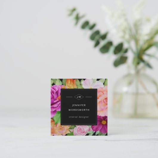水の色はっきりしたフローラパープルピンクローズブラック スクエア名刺 (スタンド正面)