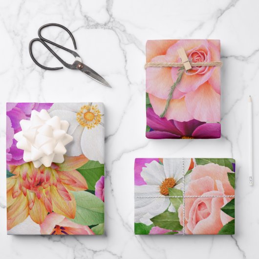 水の色はっきりしたフローラパープルピンクローズボタニカル ラッピングペーパーシート (正面)