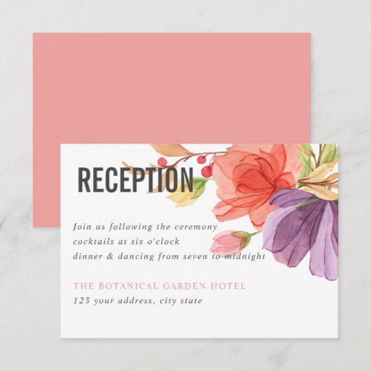 水の色はっきりしたワイルドフラワーピンクのウェディングレセプション 招待状 (正面/裏面)