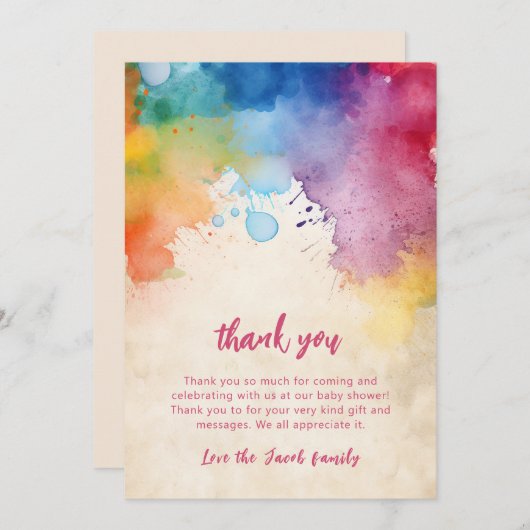 水の色は絵を描赤ん坊のシャワー感謝していを跳ね上げる サンキューカード (正面/裏面)