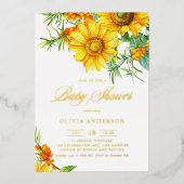 水の色ひまわりとシーバックトーンベビーシャワー 箔招待状 (正面)